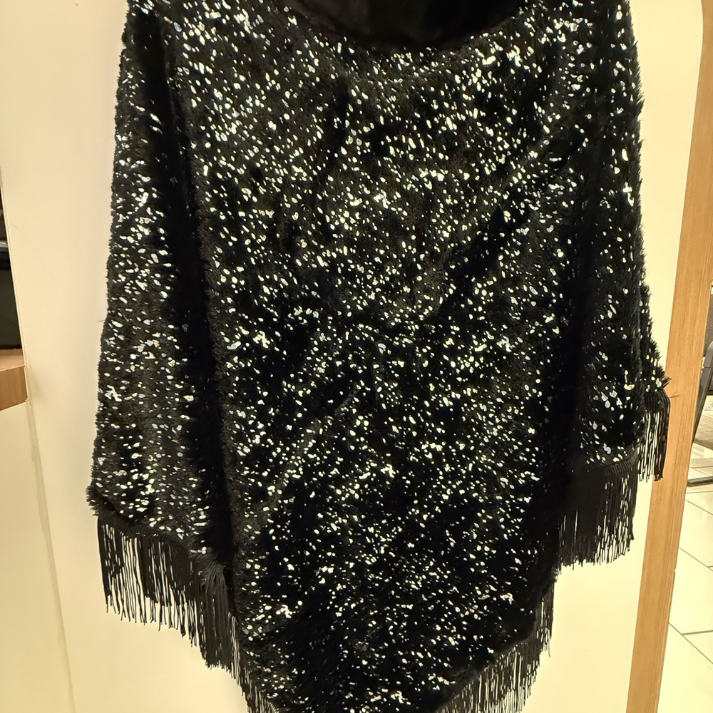 Cato Black Sequin Fringe Poncho
